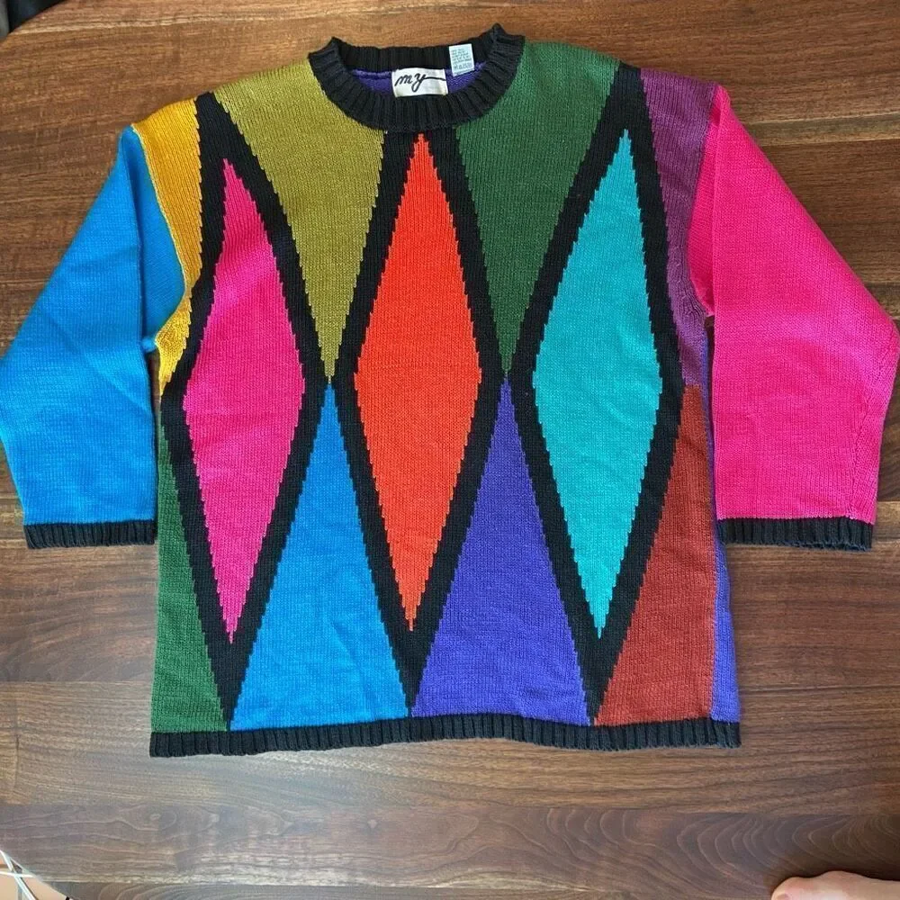 VTG 80s 90s Abstract Geometric Oversized Sweater Colorblock Coogi Style M